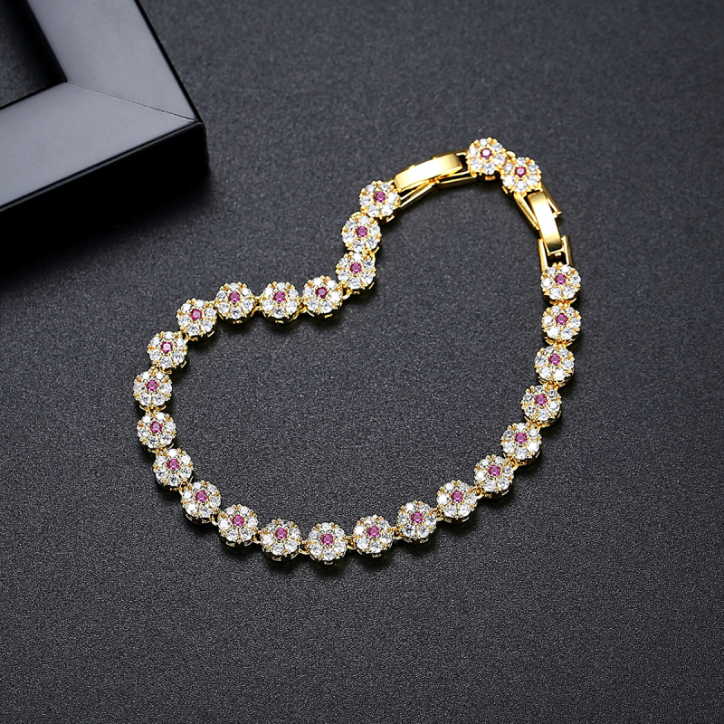 Női karkötő virágmotívummal, mikrobeült cirkóniákkal, teniszlánccal, dupla csattal