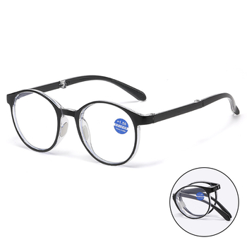 Időseknek szóló olvasószemüveg anti-kékfény védelemmel, összecsukható kerek műanyag keret, kompatibilis dioptriás lencsékkel