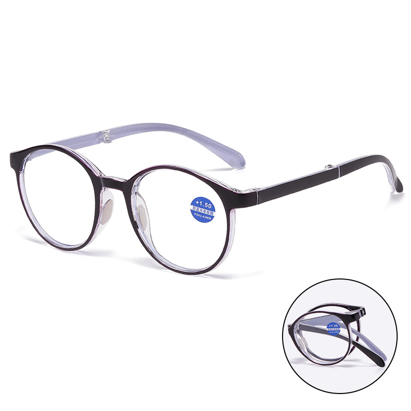 Időseknek szóló olvasószemüveg anti-kékfény védelemmel, összecsukható kerek műanyag keret, kompatibilis dioptriás lencsékkel