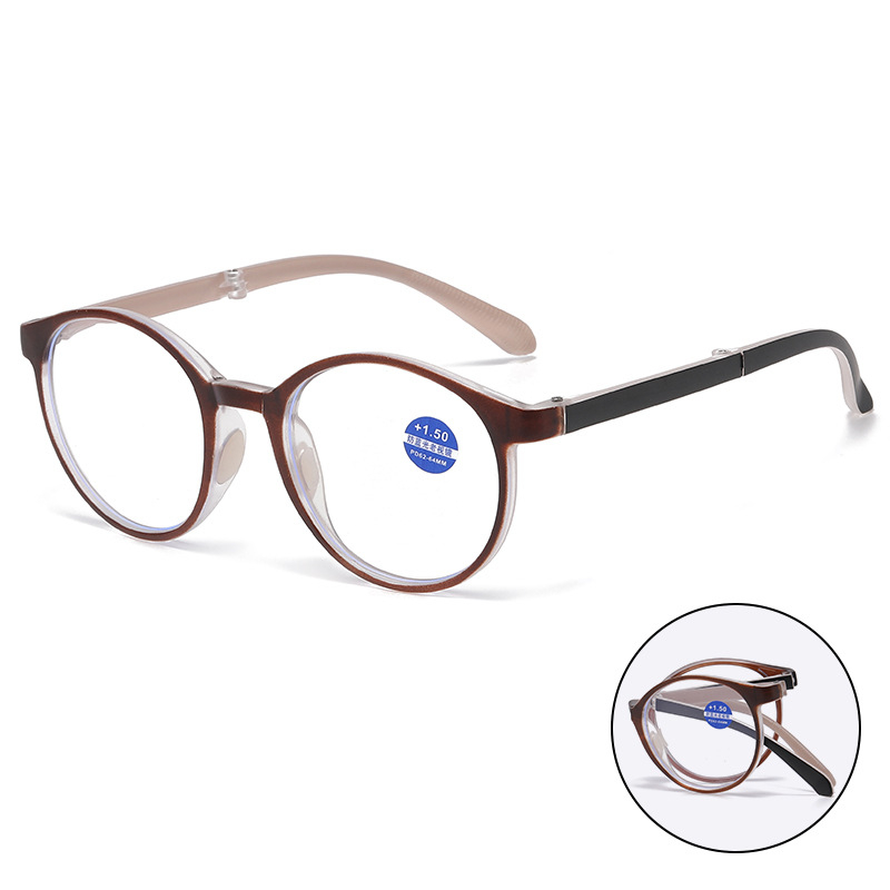 Időseknek szóló olvasószemüveg anti-kékfény védelemmel, összecsukható kerek műanyag keret, kompatibilis dioptriás lencsékkel