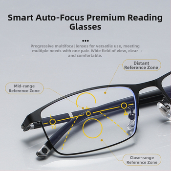 Olvasó szemüveg négyszögletes teljes kerettel, lencsék gyantából, fotokróm, multifokos, anti-kék fény védelem, közeli és távoli látáshoz