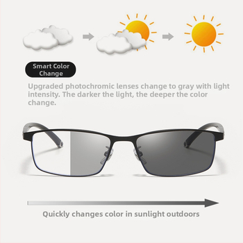 Olvasó szemüveg négyszögletes teljes kerettel, lencsék gyantából, fotokróm, multifokos, anti-kék fény védelem, közeli és távoli látáshoz