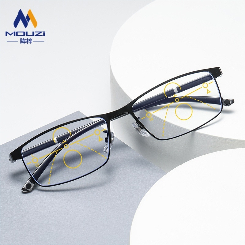 Olvasó szemüveg négyszögletes teljes kerettel, lencsék gyantából, fotokróm, multifokos, anti-kék fény védelem, közeli és távoli látáshoz