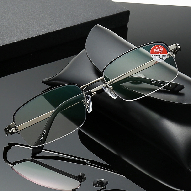 Olvasó szemüveg – anti-kék fény védelem, anti-sugárzás, multifokális lencsék, félkeretes fém keret (gyanta lencsék)