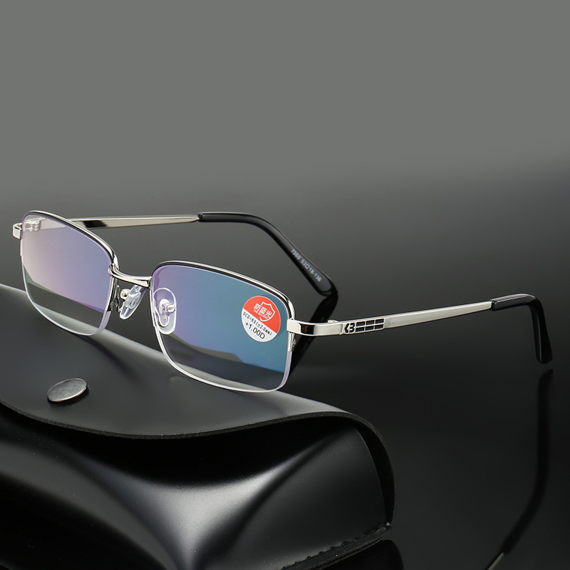 Olvasó szemüveg – anti-kék fény védelem, anti-sugárzás, multifokális lencsék, félkeretes fém keret (gyanta lencsék)