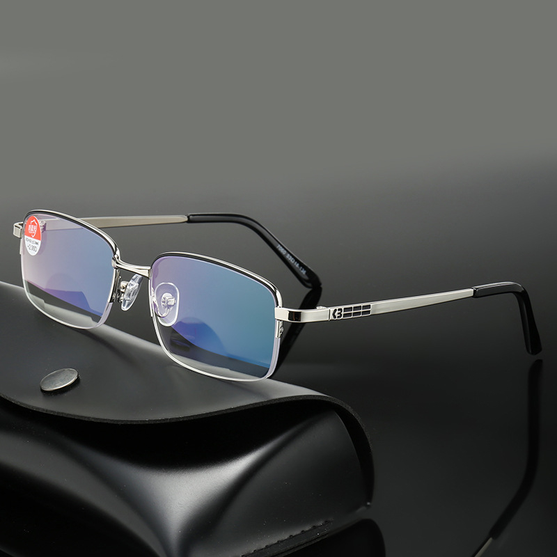 Olvasó szemüveg – anti-kék fény védelem, anti-sugárzás, multifokális lencsék, félkeretes fém keret (gyanta lencsék)