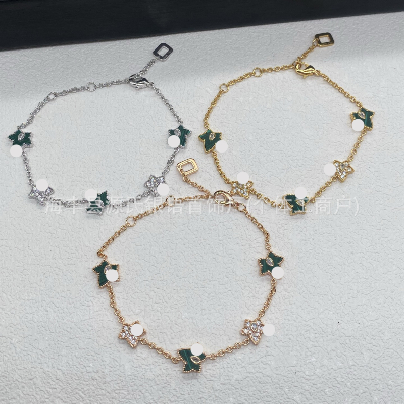 Női ötfélel leveles borostyán karkötő — aranyozott sárgaréz, valódi aranyozás, csepp alakú, tömeg 10