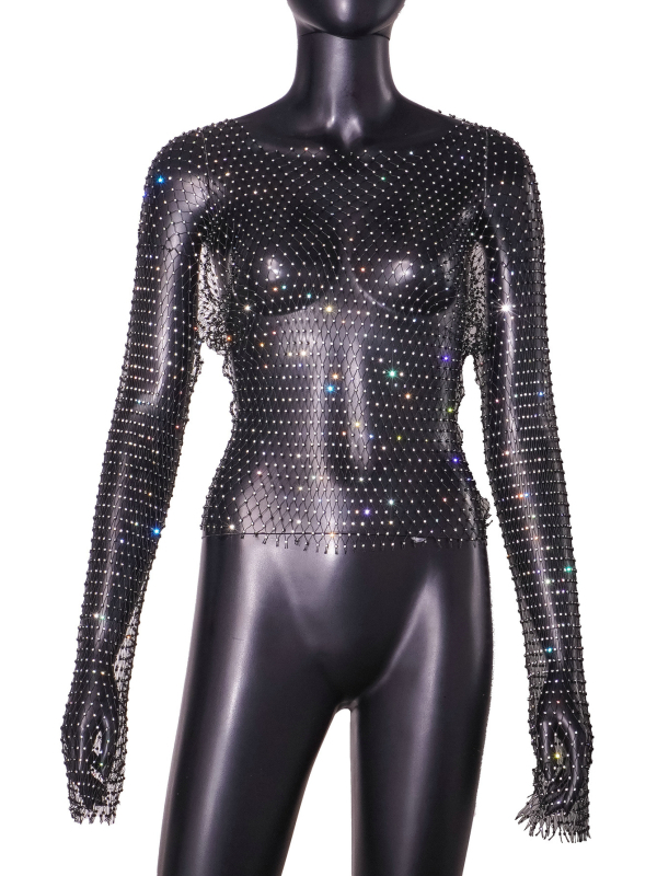 Nylon hálószövetes felső kristályokkal, szexi kivágásokkal, hosszú ujjú, kerek nyakú, 70–80% nylon, 2024 tavasz