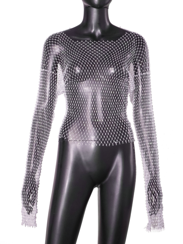 Nylon hálószövetes felső kristályokkal, szexi kivágásokkal, hosszú ujjú, kerek nyakú, 70–80% nylon, 2024 tavasz