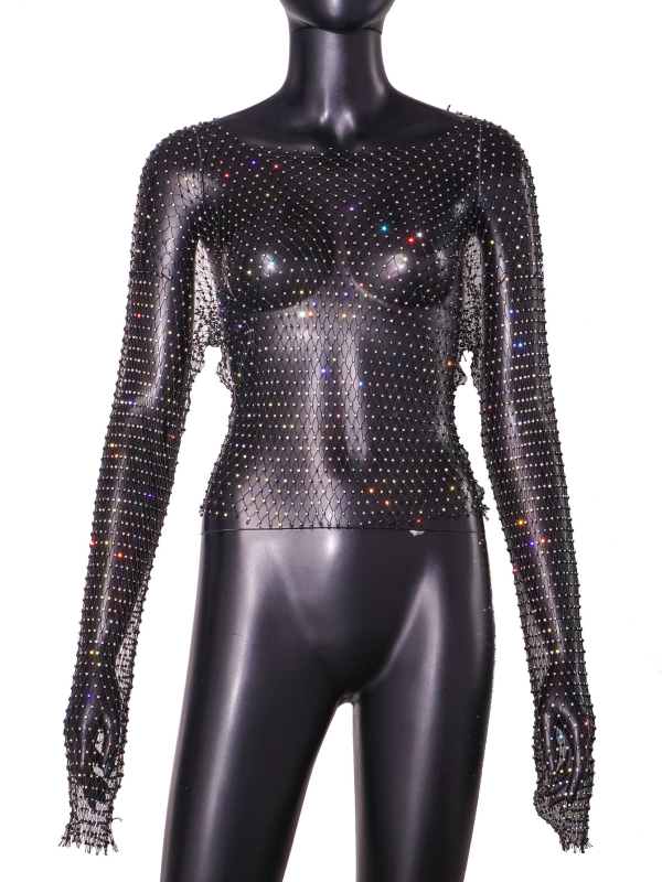 Nylon hálószövetes felső kristályokkal, szexi kivágásokkal, hosszú ujjú, kerek nyakú, 70–80% nylon, 2024 tavasz