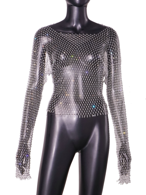 Nylon hálószövetes felső kristályokkal, szexi kivágásokkal, hosszú ujjú, kerek nyakú, 70–80% nylon, 2024 tavasz