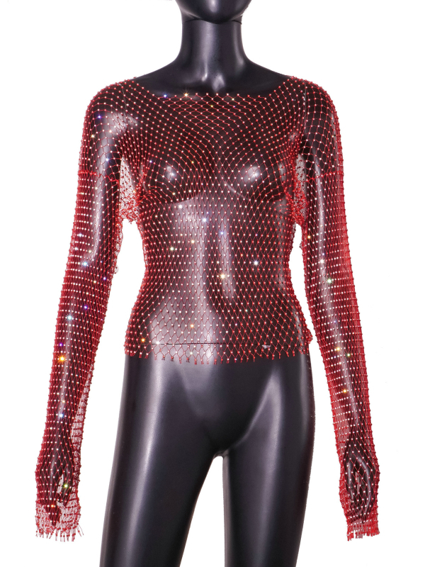 Nylon hálószövetes felső kristályokkal, szexi kivágásokkal, hosszú ujjú, kerek nyakú, 70–80% nylon, 2024 tavasz