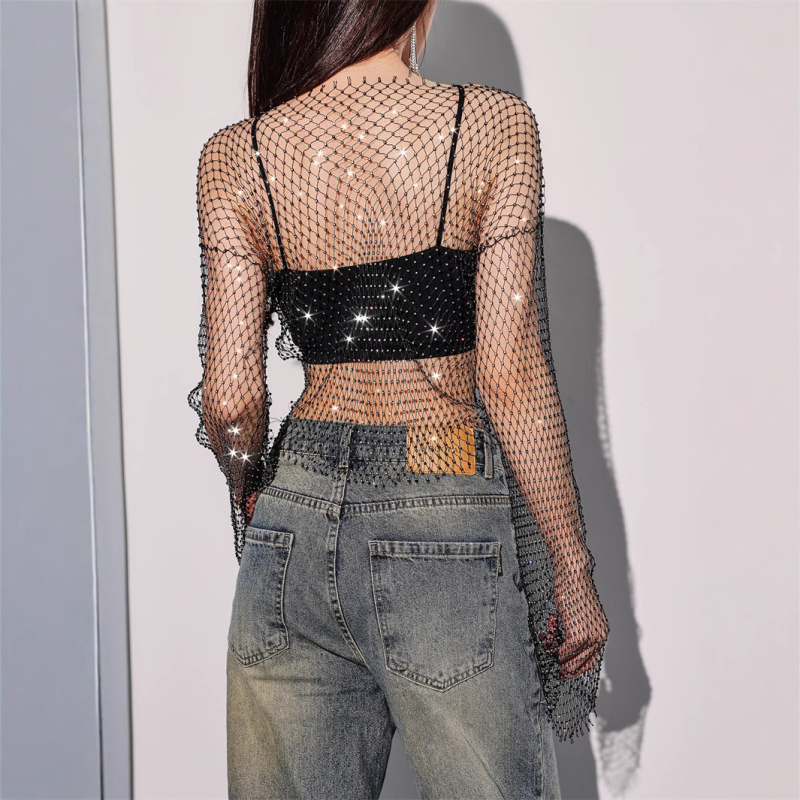 Nylon hálószövetes felső kristályokkal, szexi kivágásokkal, hosszú ujjú, kerek nyakú, 70–80% nylon, 2024 tavasz
