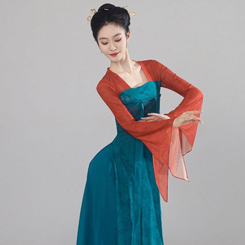 Costum clasic de dans chinezesc, stil Han-Tang, top până la piept cu panglici fluide, chiffon/poliester, poliester 90–95%