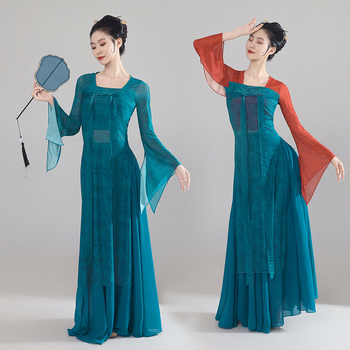 Costum clasic de dans chinezesc, stil Han-Tang, top până la piept cu panglici fluide, chiffon/poliester, poliester 90–95%