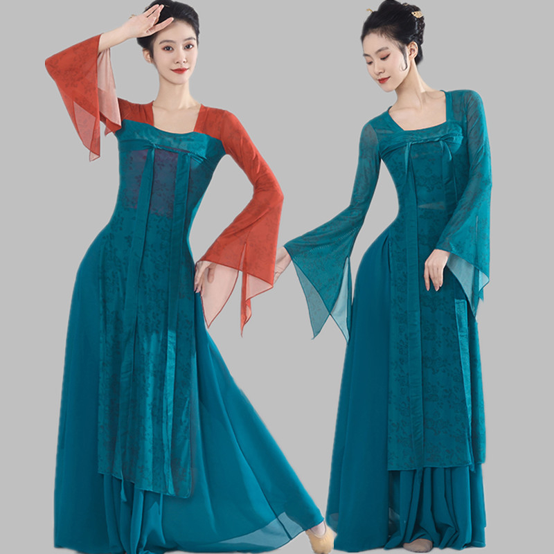 Costum clasic de dans chinezesc, stil Han-Tang, top până la piept cu panglici fluide, chiffon/poliester, poliester 90–95%