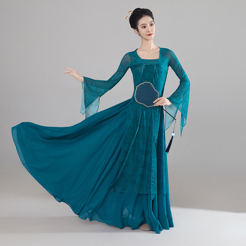 Costum clasic de dans chinezesc, stil Han-Tang, top până la piept cu panglici fluide, chiffon/poliester, poliester 90–95%