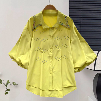 Női gyöngyös laza szabású rövid ujjú blúz, koreai-japán stílusban