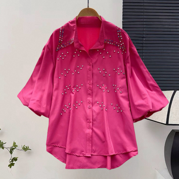 Női gyöngyös laza szabású rövid ujjú blúz, koreai-japán stílusban