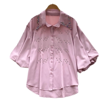 Női gyöngyös laza szabású rövid ujjú blúz, koreai-japán stílusban