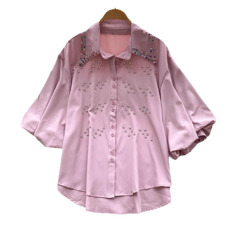 Női gyöngyös laza szabású rövid ujjú blúz, koreai-japán stílusban