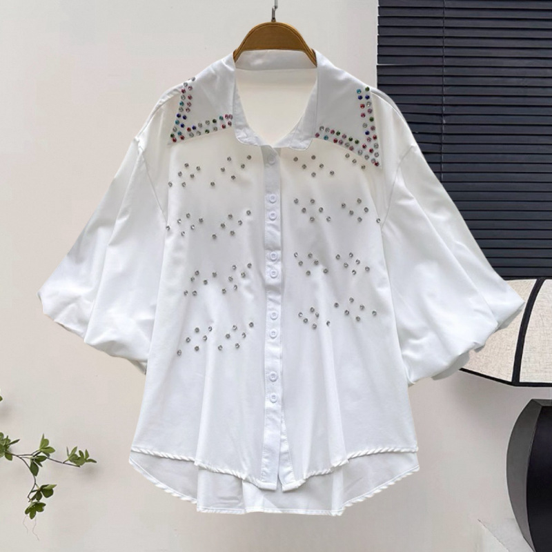 Női gyöngyös laza szabású rövid ujjú blúz, koreai-japán stílusban