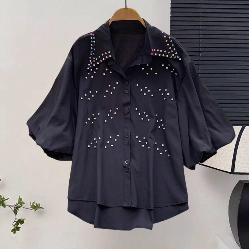 Női gyöngyös laza szabású rövid ujjú blúz, koreai-japán stílusban