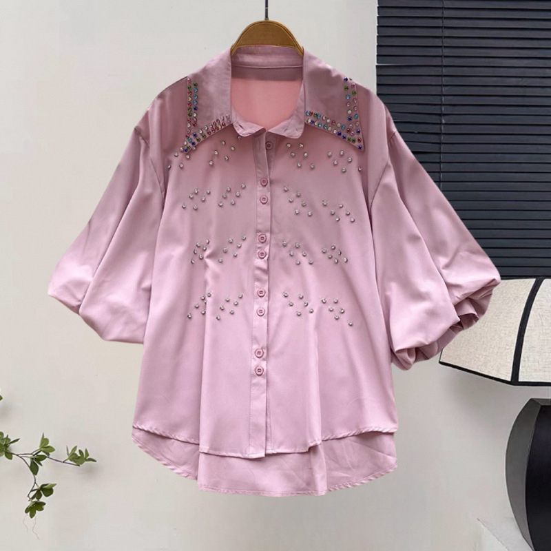 Női gyöngyös laza szabású rövid ujjú blúz, koreai-japán stílusban