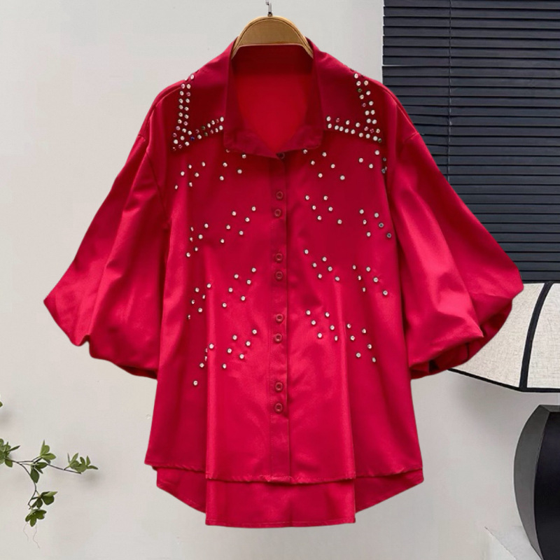 Női gyöngyös laza szabású rövid ujjú blúz, koreai-japán stílusban