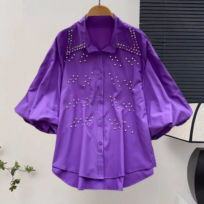 Női gyöngyös laza szabású rövid ujjú blúz, koreai-japán stílusban