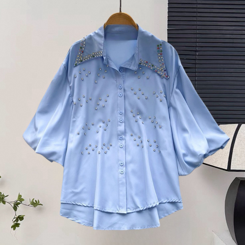 Női gyöngyös laza szabású rövid ujjú blúz, koreai-japán stílusban