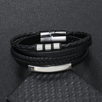 Férfiaknak készült rozsdamentes acél csatos bőr több rétegű szövött karkötő geometriai mintával