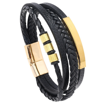 Férfiaknak készült rozsdamentes acél csatos bőr több rétegű szövött karkötő geometriai mintával