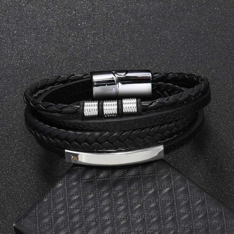 Férfiaknak készült rozsdamentes acél csatos bőr több rétegű szövött karkötő geometriai mintával