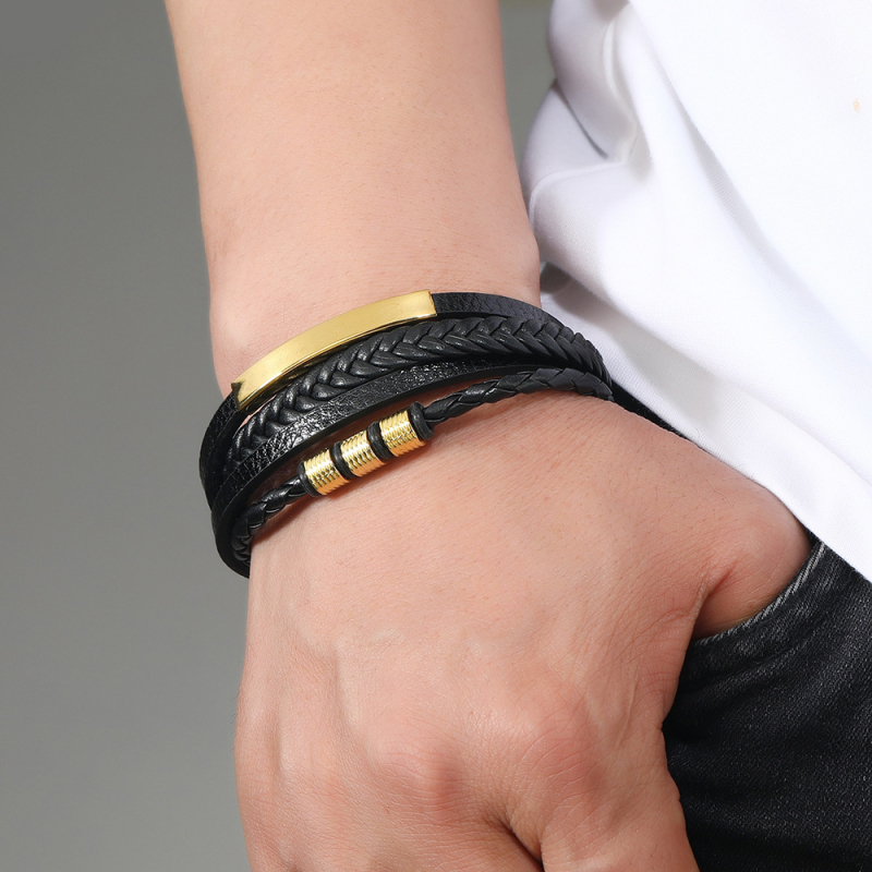 Férfiaknak készült rozsdamentes acél csatos bőr több rétegű szövött karkötő geometriai mintával