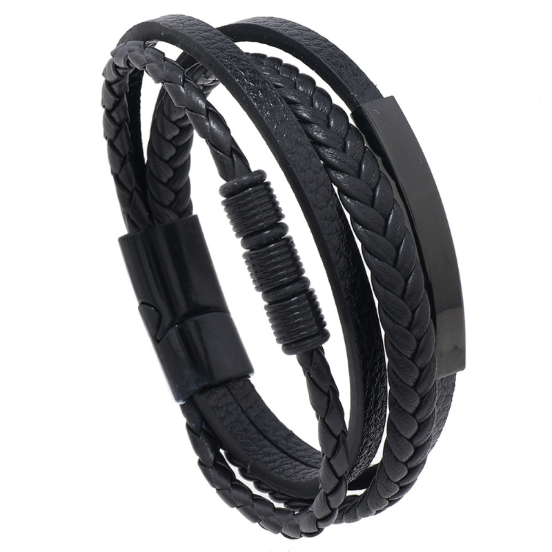 Férfiaknak készült rozsdamentes acél csatos bőr több rétegű szövött karkötő geometriai mintával