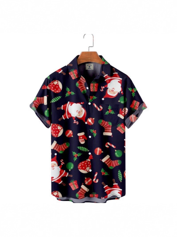 Flórás gallérosing, 3D digitális nyomtatás, karácsonyi minta, rövid ujjú, V-nyakú