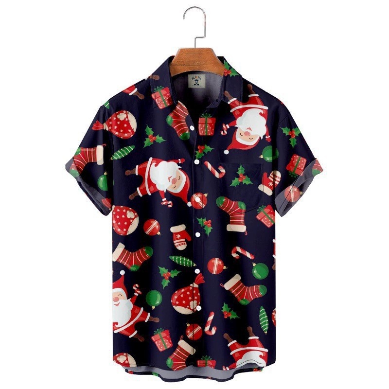 Flórás gallérosing, 3D digitális nyomtatás, karácsonyi minta, rövid ujjú, V-nyakú