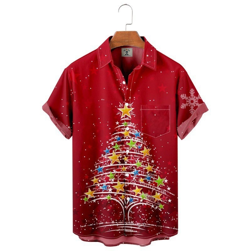 Flórás gallérosing, 3D digitális nyomtatás, karácsonyi minta, rövid ujjú, V-nyakú