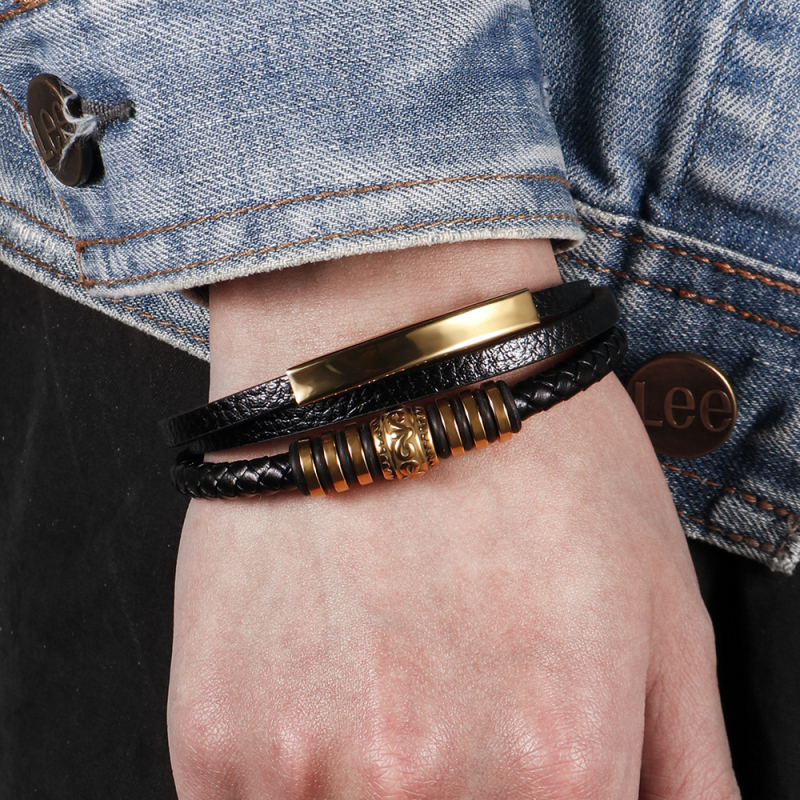 Férfi rozsdamentes acélból készült karkötő, többrétegű szövés, vintage geometriai kialakítás, elektroplatált felülettel