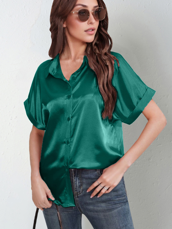 Szatén rövid ujjú ing laza szabású, galléros, gombos lezárás, 95% poliészter