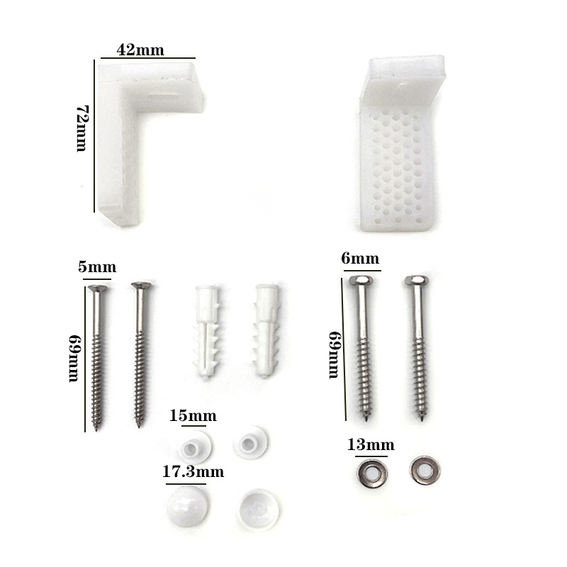 WC telepítési kiegészítők - L- és 7 alakú rögzítő csavarok, PP műanyag, rögzített zárás, modern minimalizmus