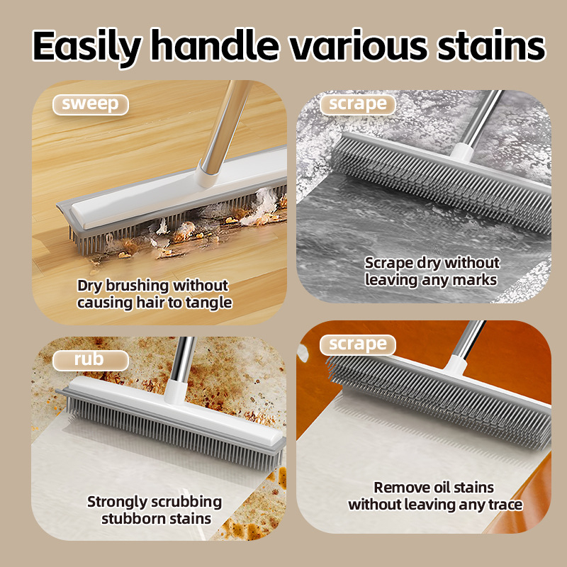 Háziállatpadlótisztító kefével rozsdamentes acélból és szilikonból (TPR), hosszú nyél, szőr eltávolítása, tisztítás vízzel