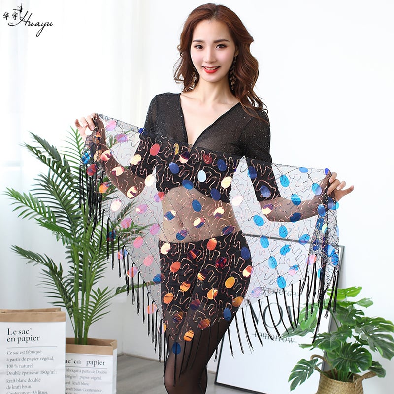 Hip scarf για Belly Dance με αλυσίδα μέσης, φούντες με παγιέτες και τρίγωνο φάκελο; δίχτυ με παγιέτες, υφαντή αγκράφα, κούμπωμα με ιμάντα, πλάτος κάτω από 2 cm