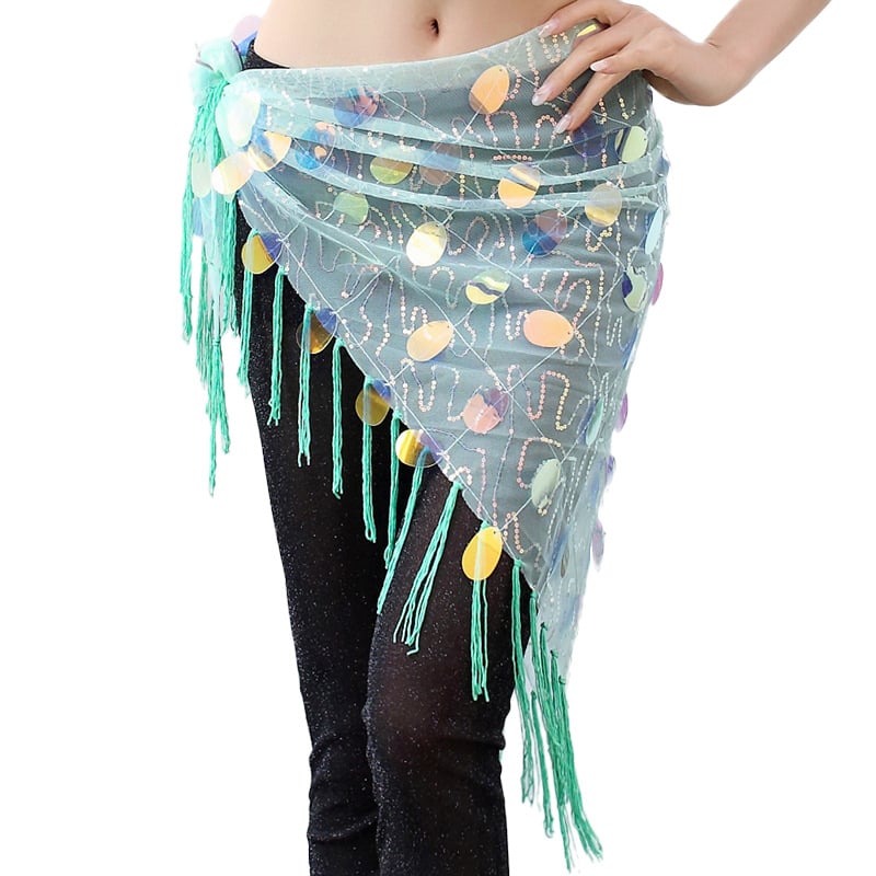 Hip scarf για Belly Dance με αλυσίδα μέσης, φούντες με παγιέτες και τρίγωνο φάκελο; δίχτυ με παγιέτες, υφαντή αγκράφα, κούμπωμα με ιμάντα, πλάτος κάτω από 2 cm