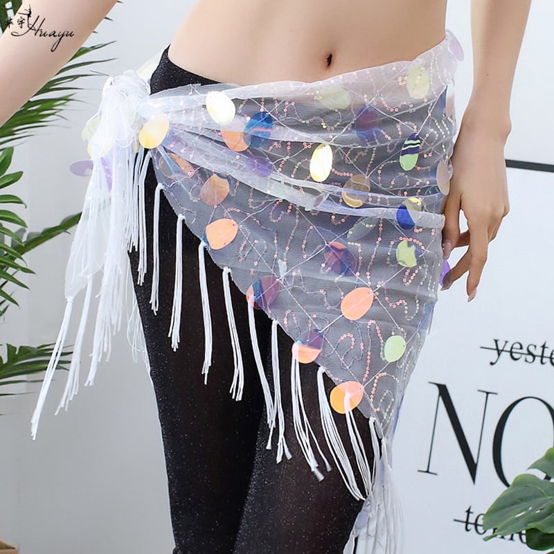 Hip scarf για Belly Dance με αλυσίδα μέσης, φούντες με παγιέτες και τρίγωνο φάκελο; δίχτυ με παγιέτες, υφαντή αγκράφα, κούμπωμα με ιμάντα, πλάτος κάτω από 2 cm