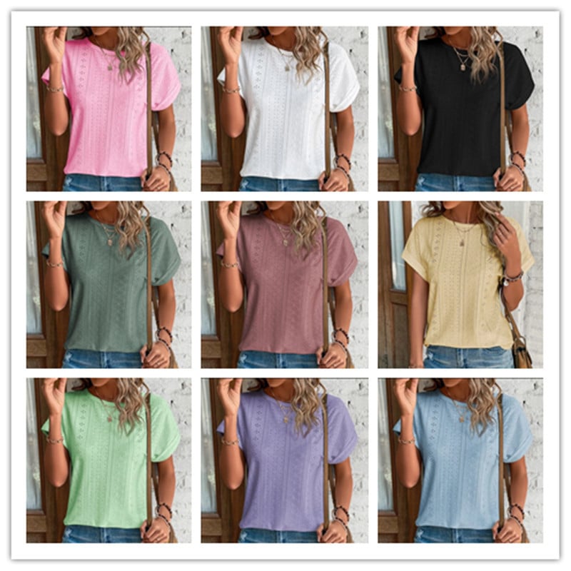 Csipkés pamut rövid ujjú ing, V-nyakú, egyenes szabás, 95%+ pamut