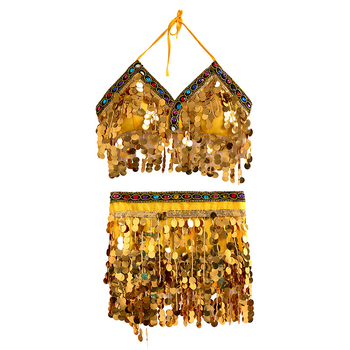 Szexi hastánc kostüm flitteres melltartóval, tassel derékkal és rojtos szoknyával előadásra — 2025 tavasz, poliészter anyag, 80–90% poliészter tartalom, kézzel vágott kivitelezés