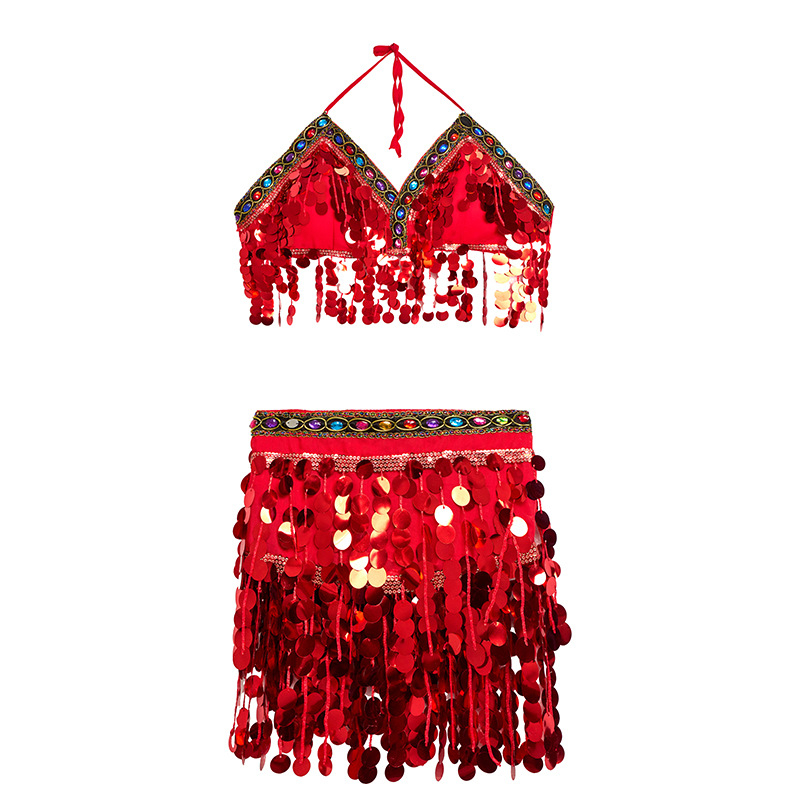 Szexi hastánc kostüm flitteres melltartóval, tassel derékkal és rojtos szoknyával előadásra — 2025 tavasz, poliészter anyag, 80–90% poliészter tartalom, kézzel vágott kivitelezés