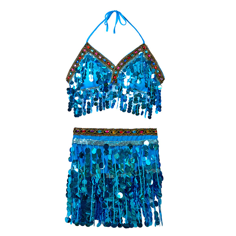 Szexi hastánc kostüm flitteres melltartóval, tassel derékkal és rojtos szoknyával előadásra — 2025 tavasz, poliészter anyag, 80–90% poliészter tartalom, kézzel vágott kivitelezés